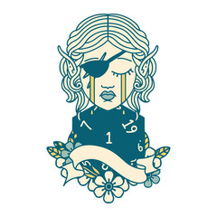crying elf rogue character face with natural one D20 roll illustration