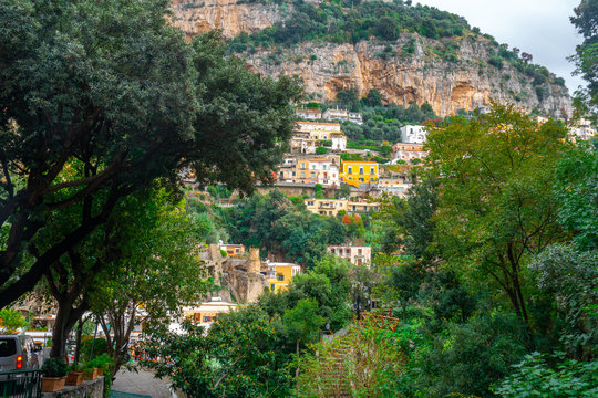 Typical narrow street and colorful houses in city of Positano, Amalfi coast