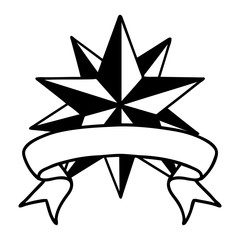 black linework tattoo with banner of a star