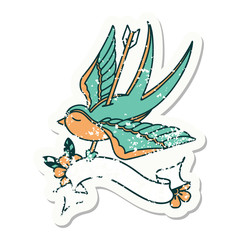 grunge sticker with banner of a swallow pieced by arrow