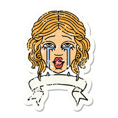 grunge sticker with banner of a very happy crying female face