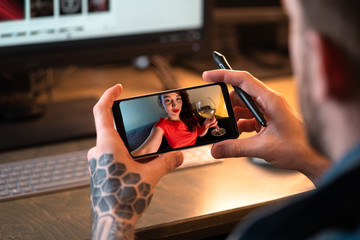 Man Calling His Girlfriend By Video Chat. Online Date, Online Meeting. Stay Home. Social Distance. Isolation. Quarantine