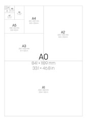 A Series Paper Sizes. With labels and dimensions in milimeters and inches. Simple flat vector illustration