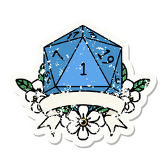 natural one d20 dice roll grunge sticker