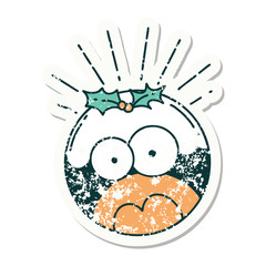 grunge sticker of tattoo style shocked christmas pudding