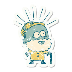 grunge sticker of tattoo style happy old man with walking stick