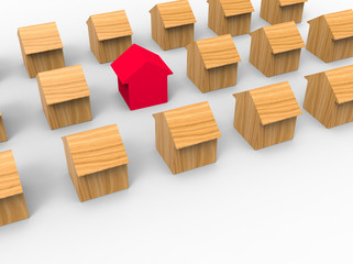 Red wooden house model stands out from other houses on white background. 3d render