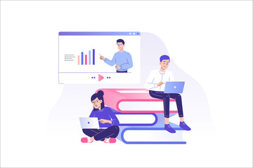 Online education or business training concept. People learning on laptop with pile of books. Distance education during coronavirus quarantine. Webinar or video seminar. E learning. Vector illustration
