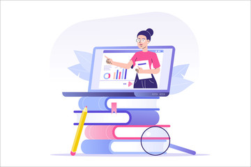 Online education or business training concept. Online woman mentor on laptop with books. Distance education during coronavirus quarantine. Webinar or video seminar. E learning. Vector illustration