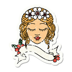 grunge sticker with banner of a maidens face
