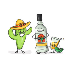 Glass and bottle of tequila. Vector flat cartoon color icon