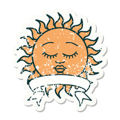 grunge sticker with banner of a sun with face