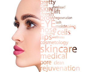 Beautiful young woman face with tag words. Beauty skincare concept. Over white background