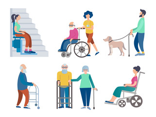 Set of vector illustrations of disabled people