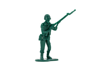 Green toy soldiers on white background. Soldier four on six models. (4/6) Picture two on sixteen viewing angles. (02/16)