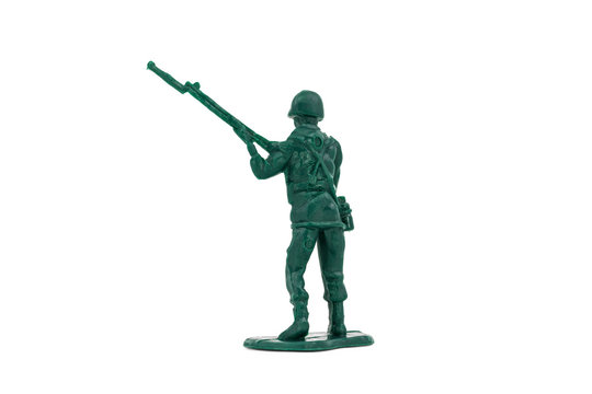 Green toy soldiers on white background. Soldier four on six models. (4/6) Picture six on sixteen viewing angles. (06/16)