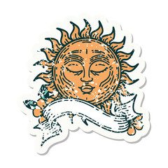 grunge sticker with banner of a sun