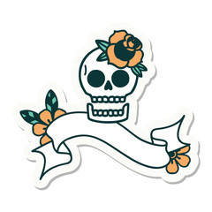 tattoo sticker with banner of a skull and rose