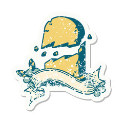 grunge sticker with banner of a broken grave stone