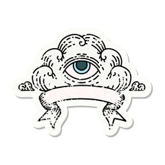 grunge sticker with banner of an all seeing eye cloud