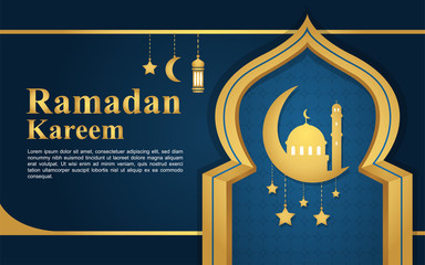 Fototapeta premium Ramadan Kareem islamic design crescent moon and mosque dome silhouette.