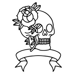 black linework tattoo with banner of a skull and rose