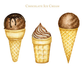 Various Chocolate ice-cream scoops decorated with chocolate in waffle cone set. Watercolor illustration isolated on white background.