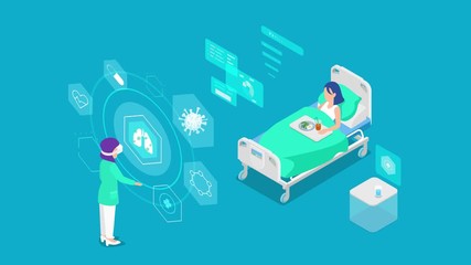 Medicine in Virtual Reality Doctor scanning patient lying in hospital bed for coronavirus Scan lungs and respiratory system sick woman for virus Test for COVID-19 isometric animated concept 4k video - Powered by Adobe
