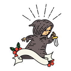 banner with tattoo style assassin with knife
