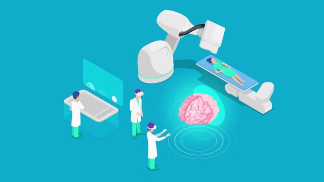 Medicine in Virtual Reality Doctor scanning Brain of patient sick woman lying in x-ray machine Isometric design animated concept 4k video