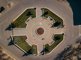 Small square at road intersection in historical area in Voronezh, top view