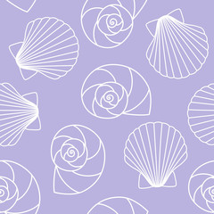 white different types of seashells nautilus pompilius, oyster spiral on purple background sea ocean shell pattern seamless vector
