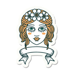 tattoo sticker with banner of female face with crown of flowers