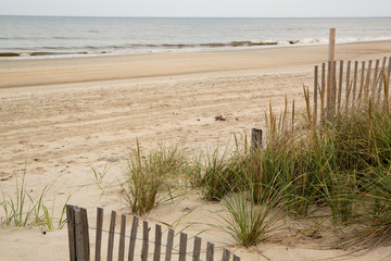 Barrier Fences with Wild Grass on a Beach with Breaking Waves at Corolla, North Carolina