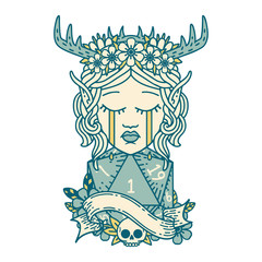crying elf druid character face with natural one D20 dice roll illustration