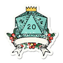 natural 20 critical hit D20 dice roll grunge sticker