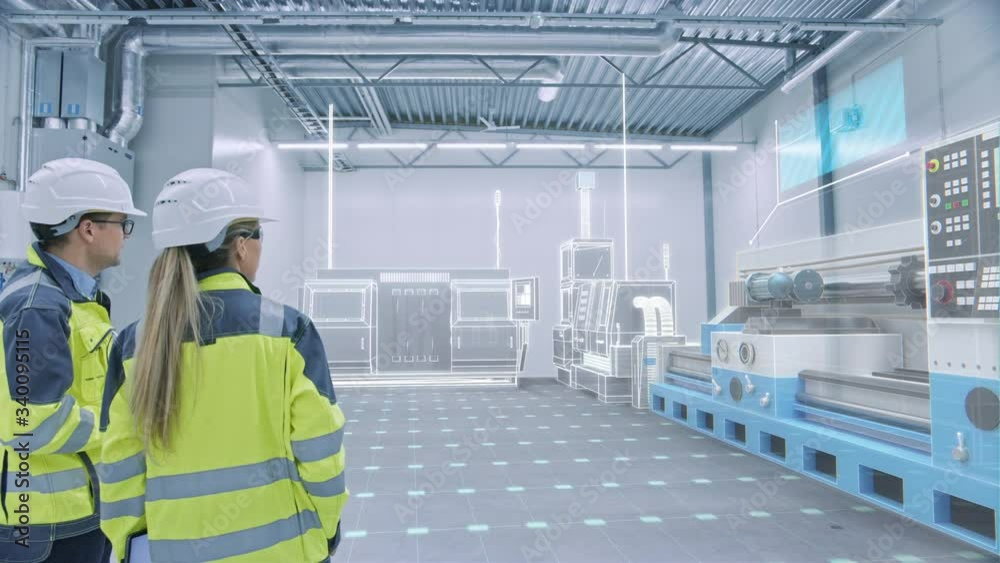 Aufkleber Two Engineers Standing and Talking in Factory Workshop with AR Creating 3D Models CNC Machinery Production Line. Industry 4.0 Graphics Visualization in Factory. Arc Shot. VFX Special Visual Effects