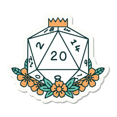 natural 20 D20 dice roll with floral elements sticker