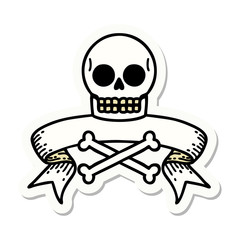 tattoo sticker with banner of a skull and bones