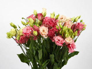 Close up shot of bouquet of fresh white and pink eustoma flowers