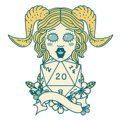 tiefling with natural twenty dice roll illustration