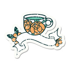 grunge sticker with banner of a cup and flowers