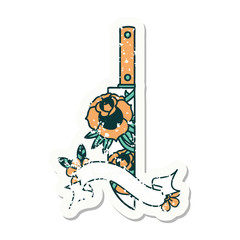 grunge sticker with banner of a dagger and flowers