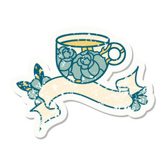 grunge sticker with banner of a cup and flowers