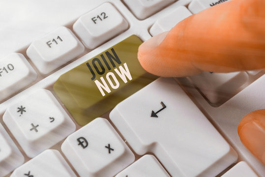 Handwriting text writing Join Now. Conceptual photo An invite to a demonstrating or a friend to become a member of the group