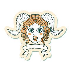 tiefling character face with scroll banner illustration