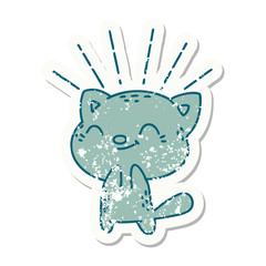 grunge sticker of tattoo style happy cat