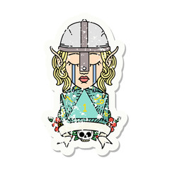 crying elf fighter character face with natural one D20 roll grunge sticker