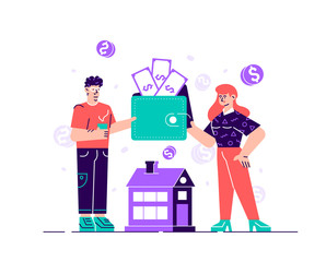 Happy man and woman holding purse or wallet