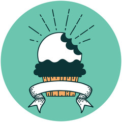 icon of tattoo style cupcake with missing bite